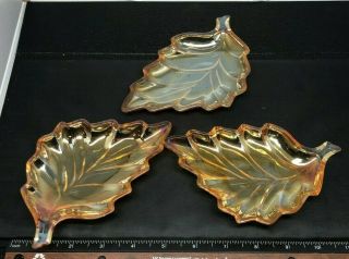 3 Vintage Glass Leaf Trinket Dish Ashtray Orange Lusterware Iridescent Carnival