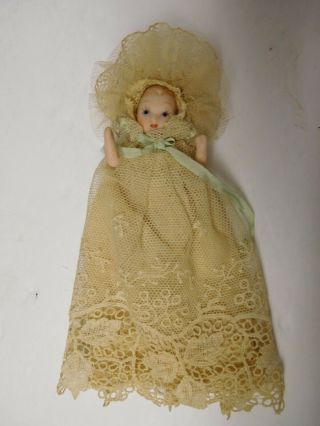 Vintage Dollhouse Porcelain Bisque Baby Doll Crochet Lace Christening Gown Dress