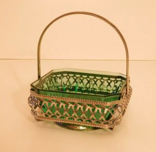 Art Deco Vintage Green Vaseline Glass Basket Relish Dish,  Ornate Metal Frames