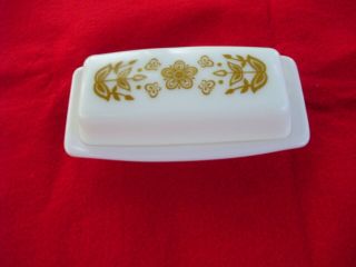 Vintage Pyrex Covered Butter Dish Gold With Butterfly And Flower Design