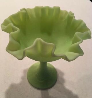 Vintage Fenton Lime Green Ruffle Edged Pedestal Glass Dish Patterned Candy Bowl