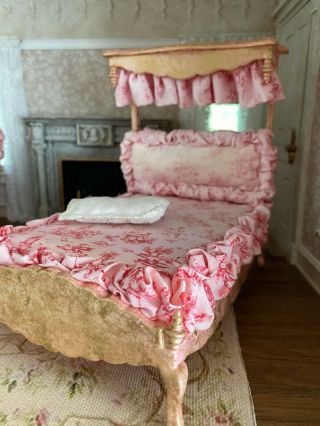 Vintage Miniature Dollhouse Artisan Pink Toile Ruffle Half Tester Canopy Bed