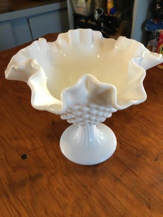 Vintage Milk Glass Double Crimped Footed Hobnail Rose Bowl/ Candy Dish.  Euc.  6”