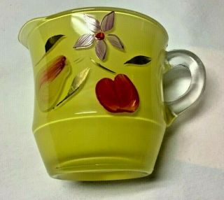 Vintage Bartlett Collins Painted Yellow Glass Creamer 3 " Fruit And Flower Design