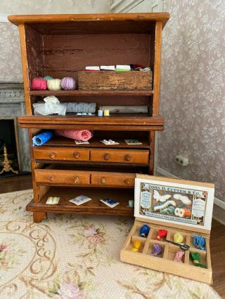 Vintage Miniature Dollhouse Artisan Wood Sewing Cabinet Notions & Thread Diorama
