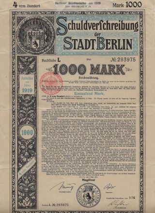 Germany 1919 Berlin City Debenture Bond 1000 Marks Some Repaired Mgns See Scan