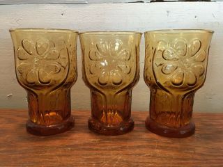 Set Of 3 Vintage Libbey Amber Country Garden Daisy Flower Pattern Juice Glasses