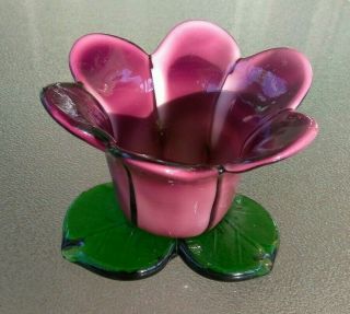Hand Blown Purple Flower And Green Leaves Glass Candle Holder 87