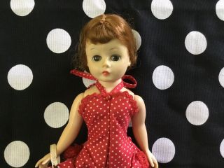 1950’s Madame Alexander Cissette Doll With Tagged Red Polka Dot Sunsuit,  Bag,