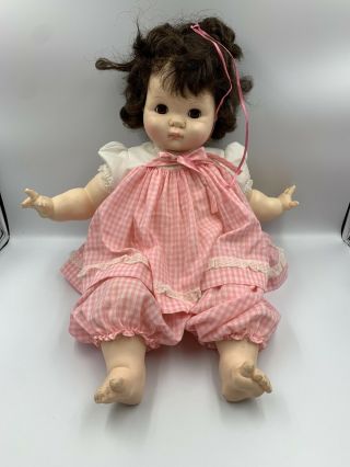 Vintage Madame Alexander 14 " Puddin Baby Doll Brown Hair & Eyes Pink Dress