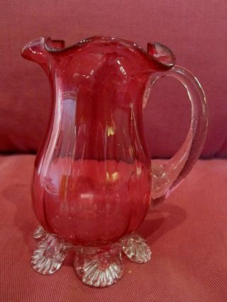 Piece Of Vintage Cranberry Glass Frilled Neck Jug / Vase