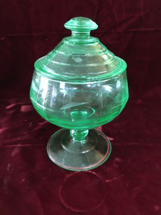 Antique Green Depression Uranium Glass Candy Dish With Lid 6 3/4” Tall