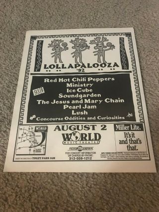 1992 Lollapalooza Concert Poster Print Ad Rhcp Ministry Pearl Jam Ice Cube Lush