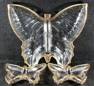 Vintage Jeannette Butterfly Glass Trinket Dishes With Gold Trim.  Set 3