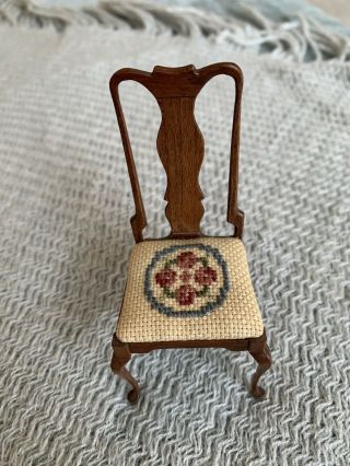 Vintage Dollhouse Miniature Carved Wood Chair Needlepoint Seat Cushion Artist