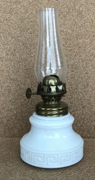 Eapg Antique White Milk Glass " Grecian Key " Or Greek Miniature Oil Lamp 6 - 3/8”