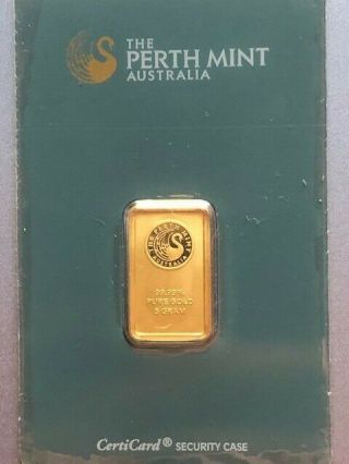 Perth 5 Gram.  9999 Fine Gold Bar (in Assay) Swan Design