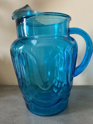 Vintage Anchor Hocking Blue Glass Colonial Tulip Pitcher Holds 8 To 10 Cups