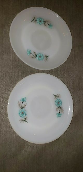 2 Vintage Fire King White Milk Glass Saucer - Plate - Dish With Bonnie Blue Flowers
