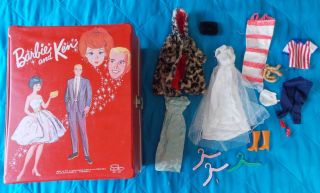 1964 Mattel Barbie And Ken Red Doll Trunk With Assorted Clothes & Accessories