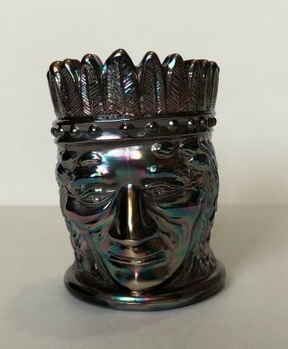 Joe St.  Clair Toothpick Holder Carnival Glass Indian Head Blue Iridescent Unmark