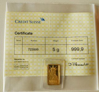 Credit Suisse 5 Gram Pure 999.  9 Gold Bar 5g Statue Of Liberty