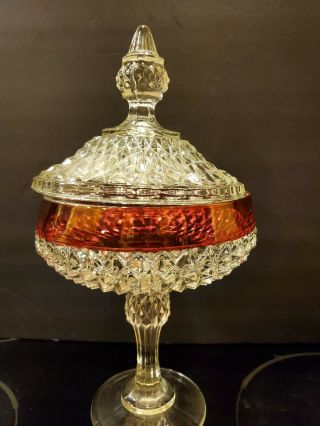 Vintage Indiana Glass Diamond Point Ruby Red Footed Compote W/ Lid