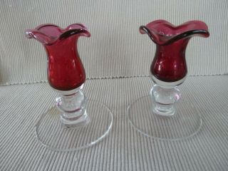 Small Pair Cranberry Candlesticks By Royal Scot