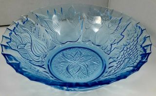 Blue Pressed Glass Serving Bowl By Kig Indonesia 7 " Della Robbia Fruit Pattern.