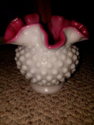 Vintage Rose Pink & White Milk Glass Hobnail Ruffled Vase 4 1/2 " High