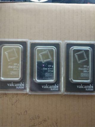 3 Valcambi 100 Gram Silver Bars With Assay.  999 Fine