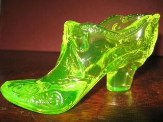 Vaseline Glass Floral Bow Shoe Slipper Boot Uranium Yellow Flowers High Heel Art