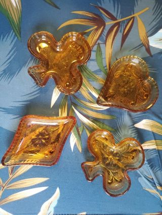Vintage Indiana Tiara Amber Glass Set Of 4 Card Suit Nut/candy Dishes
