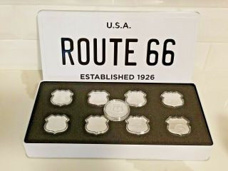 Icons Of Route 66,  1 Troy Oz.  999 Fine Silver Coins,  Set Of 8 W/ Case,  1 Bonus