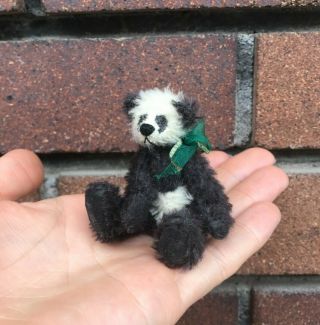 Deb Canham Panda - Miniature Dollhouse Mohair Panda Fully Jointed With Green Bow