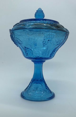 Vintage Indiana Glass Grape And Leaf Blue Glass Candy Dish With Lid