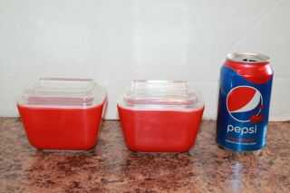 2 Vintage Pyrex 501 - 8 Baking Dishes W/glass Covers Red Color 4 " X 3 " X 3 "
