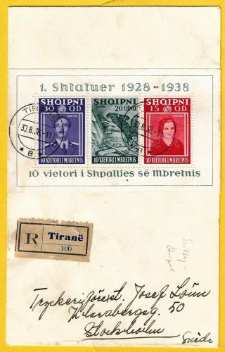 Albania 1938 - Cover Circulated From Tirane In Sweden,  With Block 3 On Fdc