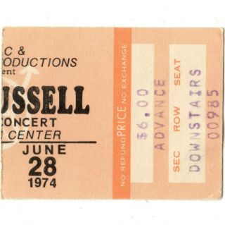 Leon Russell Concert Ticket Stub Las Vegas Nv 6/28/74 Convention Center Rare