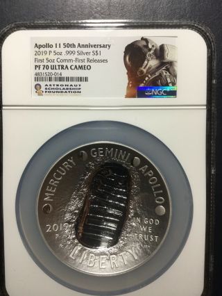2019 - P Proof $1 Apollo 11 50th Ann 5oz.  Silver Dollar Ngc Pf70uc Asf Er/fr Label