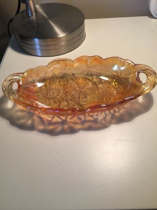 Vintage Marigold Carnival Glass Candy Dish Bowl Orange Iridescent Sun Flower