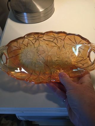 Vintage Marigold Carnival Glass Candy Dish Bowl Orange Iridescent Sun Flower 2