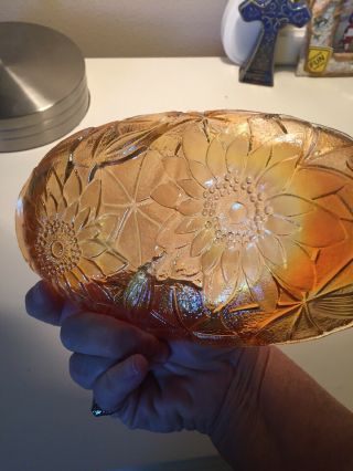 Vintage Marigold Carnival Glass Candy Dish Bowl Orange Iridescent Sun Flower 3
