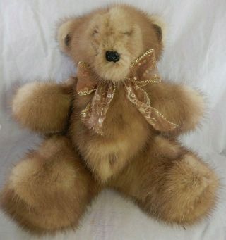 Vintage Stuffed Plush Teddy Bear Real Mink Fur Light Brown Toy W/ Glass Eyes 10 "
