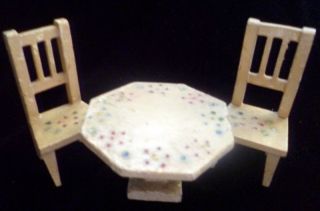 Antique German Dollhouse Miniature White Painted Dining Table & Two Chairs