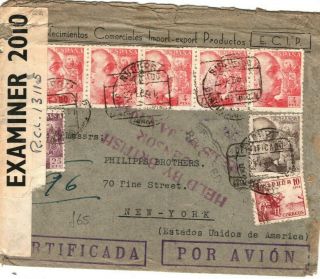 Spain Ww2 Cover Registered Air Mail Usa Held British Censor Bermuda 1946 Ls201