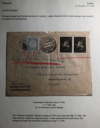 1946 Amsterdam Netherlands Postage Due Cover To Haarlem Invalid Stamp