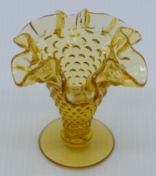 Vintage Fenton Art Glass Hobnail Vase In Amber,  3.  75 Inches,  Ruffled Rim