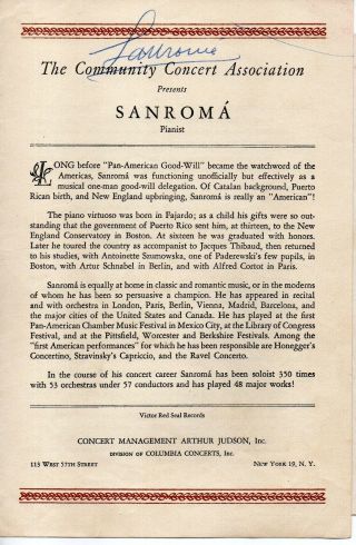 64963.  Signed Program Pianist Sanroma 1940s Community Concert Association