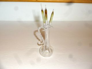 Vintage Miniature Hand Blown Glass Pitcher Vase 3 Glass Cattails Inside